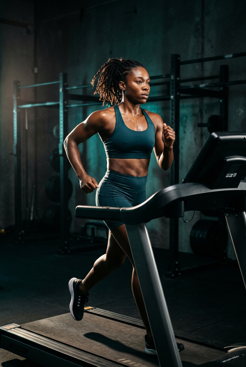 Black female athlete running on a treadmill